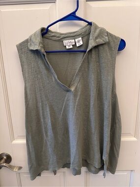 Nicole Miller New York Sage Green 100% Linen Sleeveless Collared Top XL